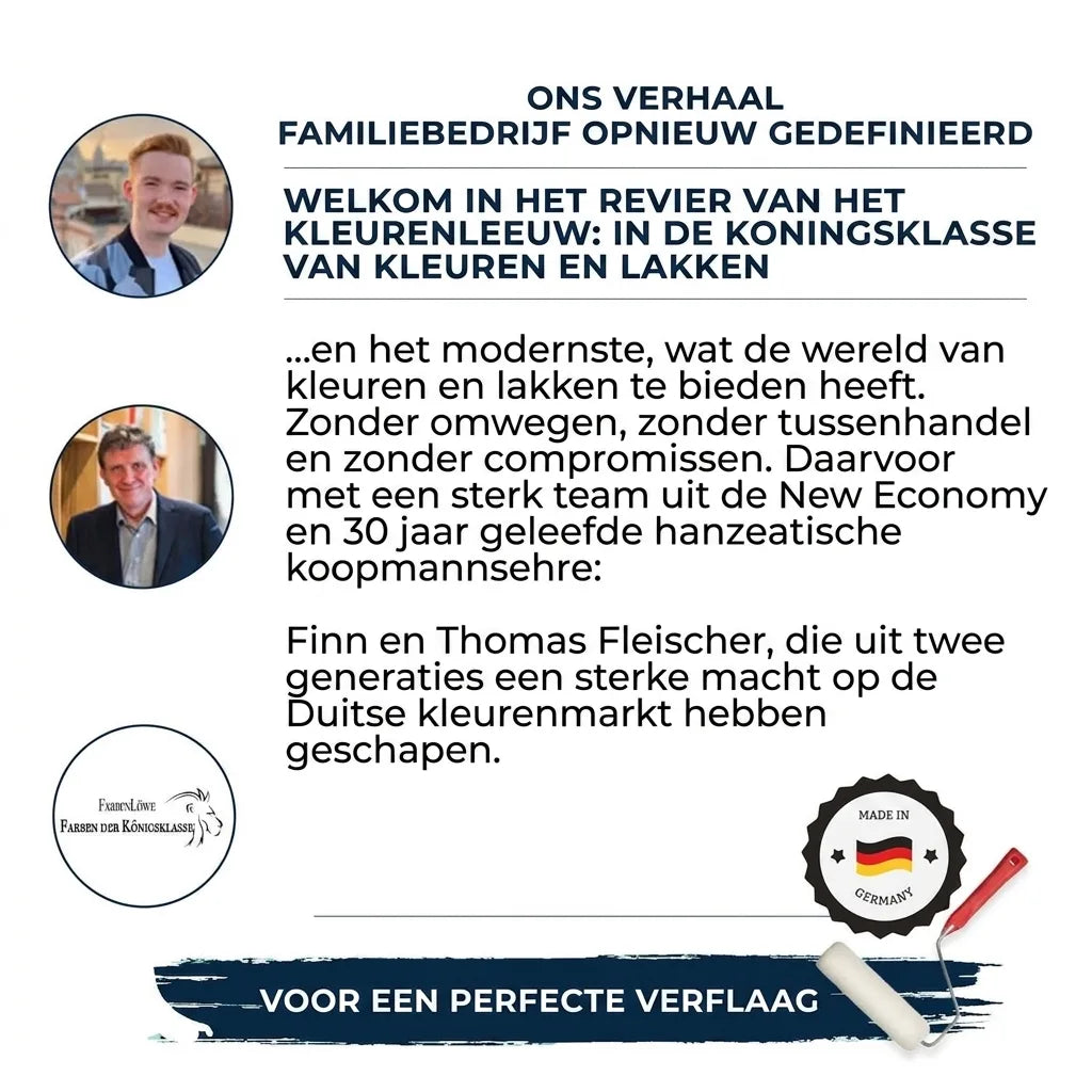 Infographic Farbenlöwe: Duits familiebedrijf voor kwaliteitsverf en lak, met Finn en Thomas Fleischer.