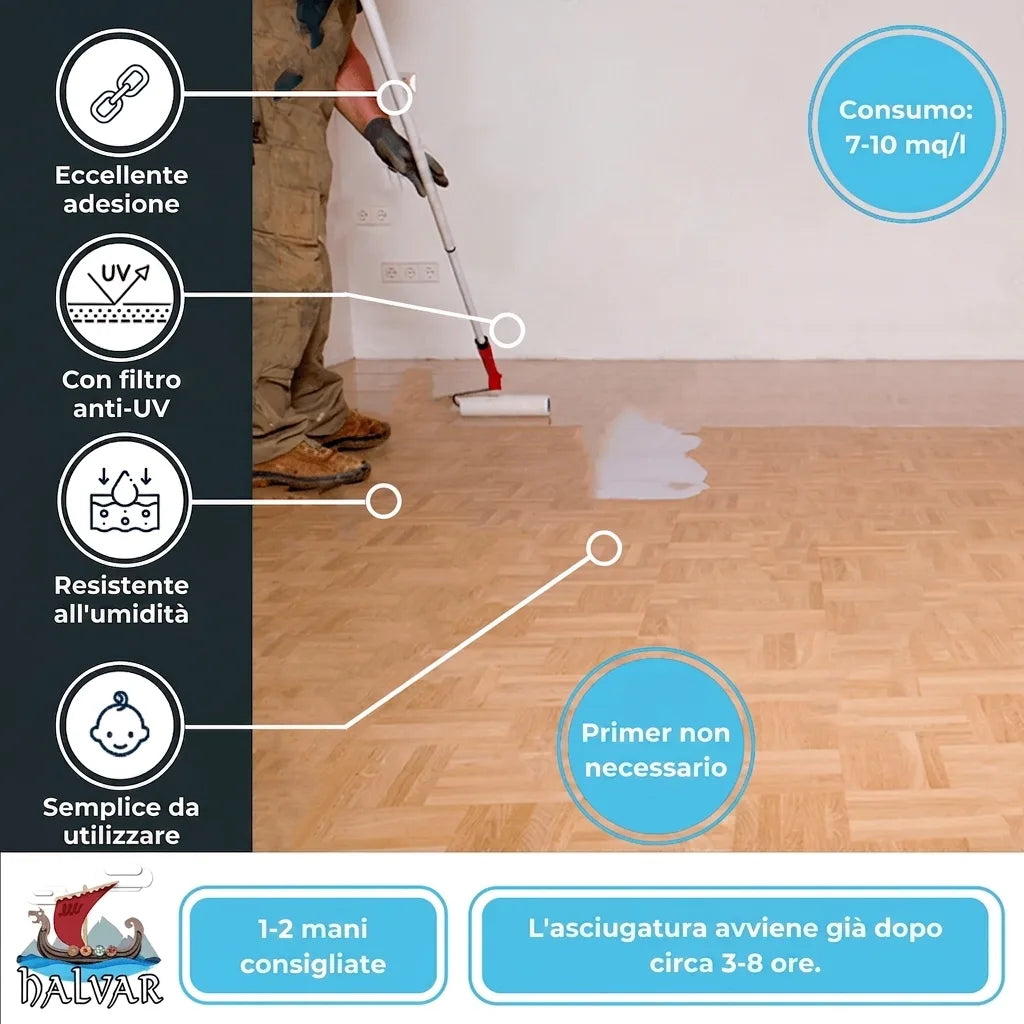 Vernice per pavimenti con protezione UV, alta adesione e resistenza all'umidità. Facile applicazione senza primer.