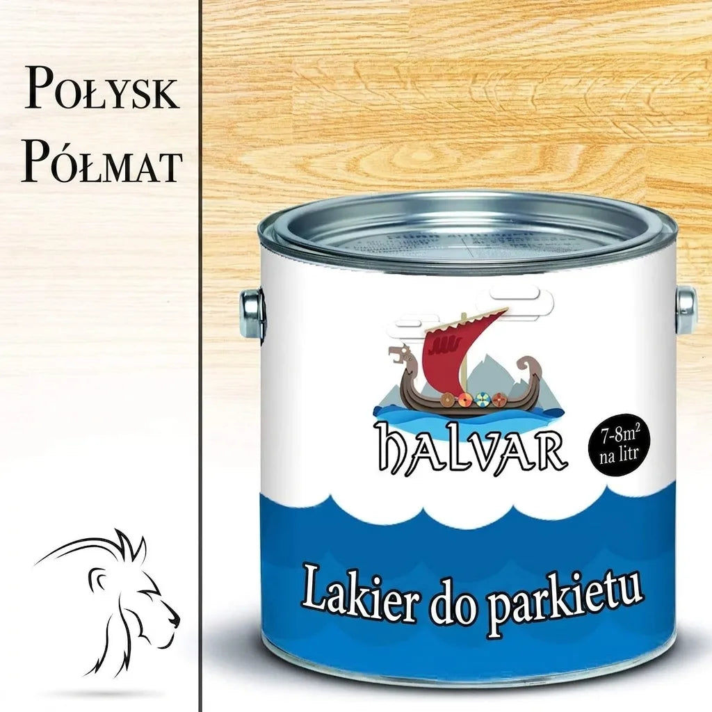 Puszka lakieru do parkietu Halvar: błyszczący, półmatowy. Wydajność 7-8m²/litr. Z łodzią wikingów.