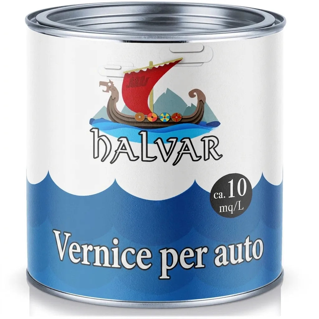Barattolo di vernice per auto Halvar con logo nave vichinga, copertura circa 10 mq/L.