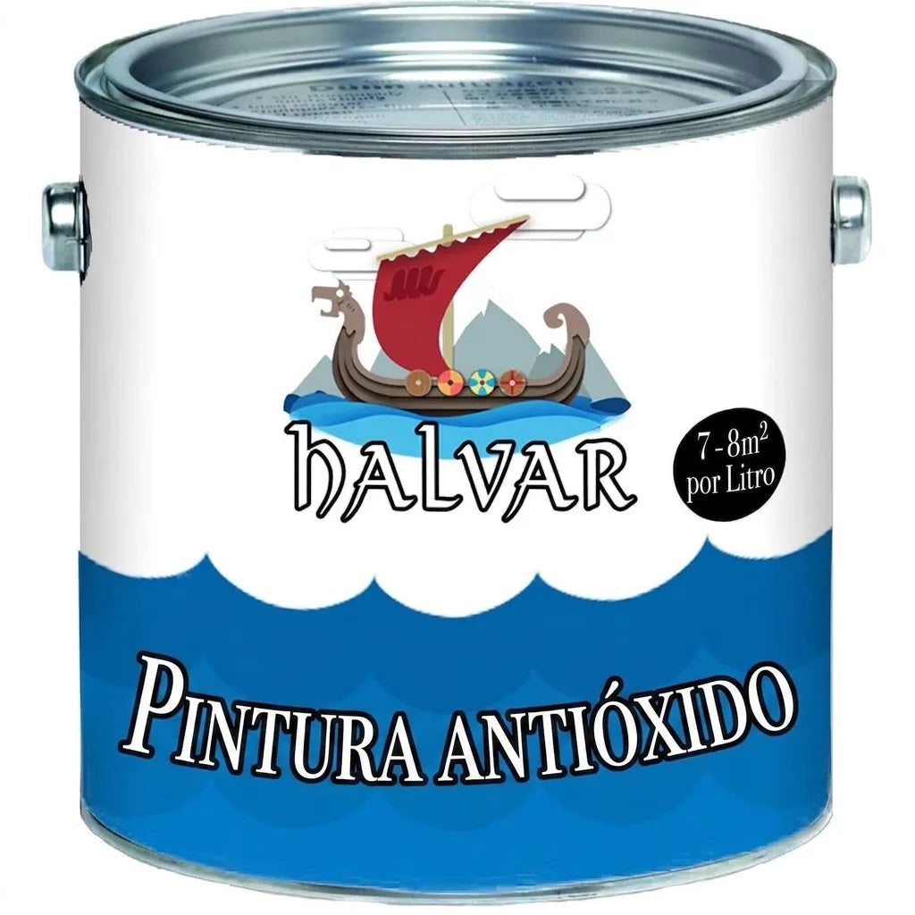 Lata de pintura Halvar con barco vikingo. Pintura protectora contra el óxido, rendimiento 7-8m² por litro.