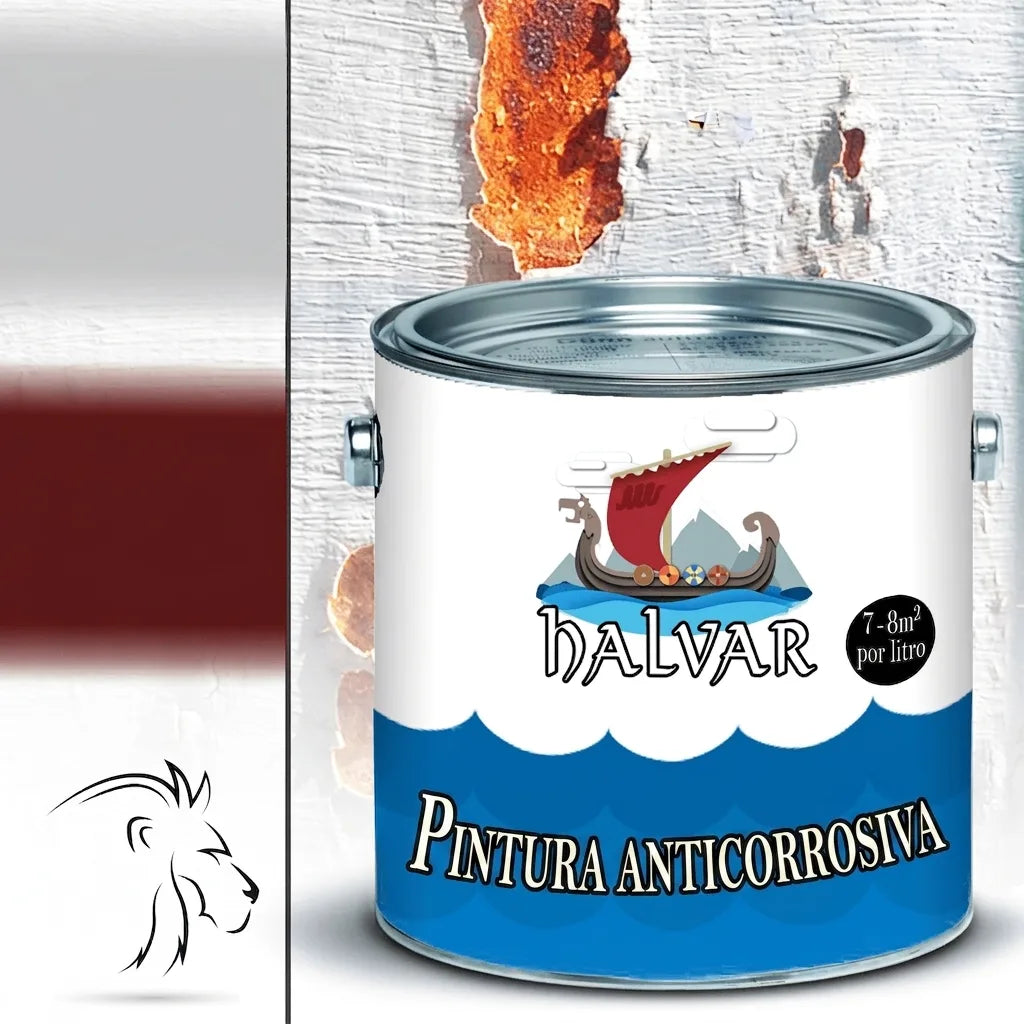 Bote de pintura HALVAR Rostschutzfarbe (antioxidante) con logo de barco vikingo sobre fondo de pared oxidada.