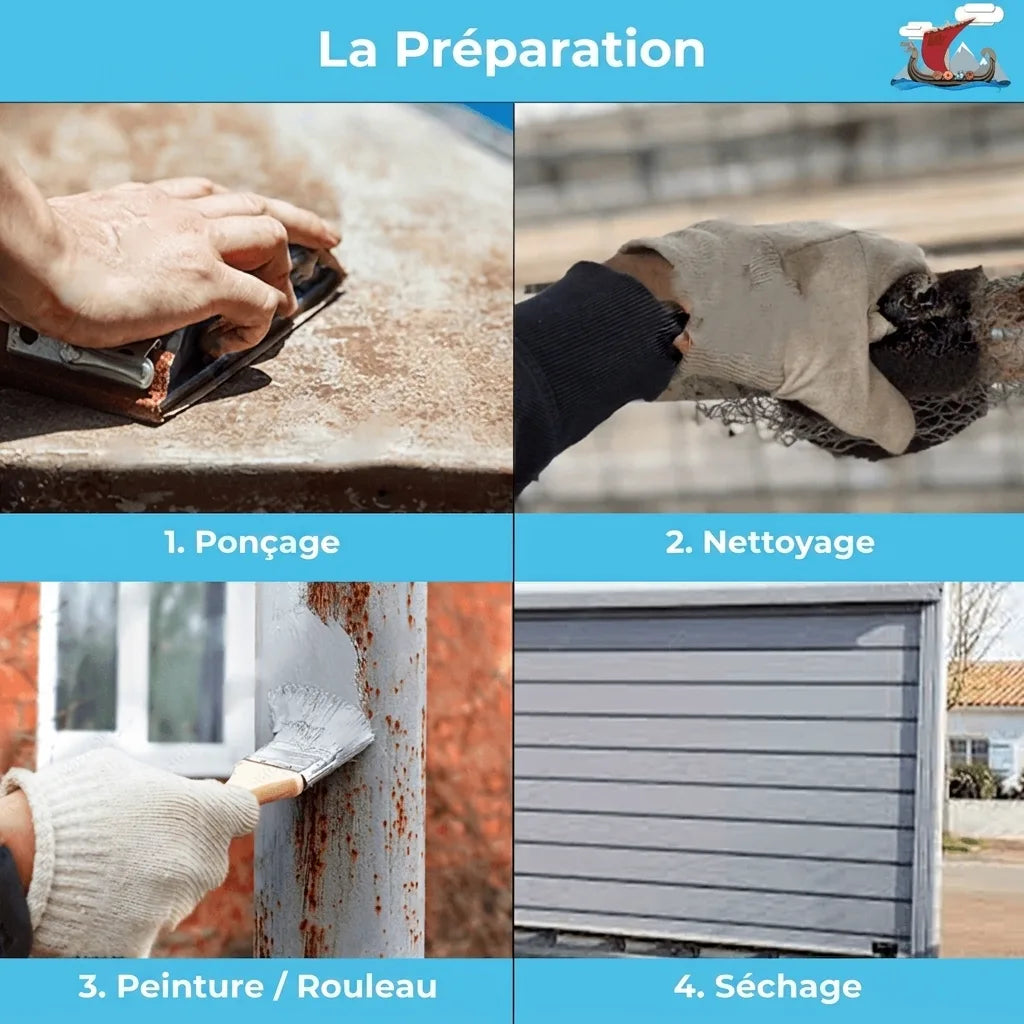 Étapes de préparation pour la peinture : ponçage d'une surface rouillée, nettoyage, application de peinture au pinceau, et séchage d'une por