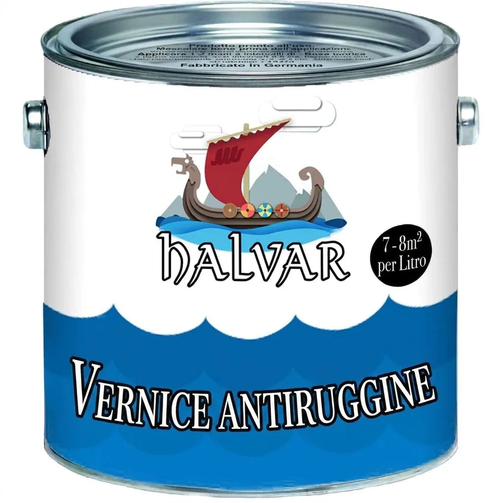 Lattina di vernice antiruggine HALVAR con logo nave vichinga, copre 7-8m² per litro.