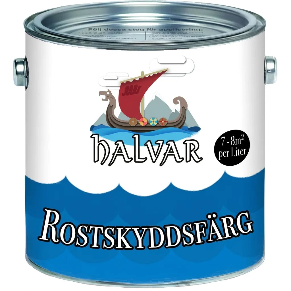 Färgburk med Halvar rostskyddsfärg, vikingaskeppsmotiv, täcker 7-8m² per liter.