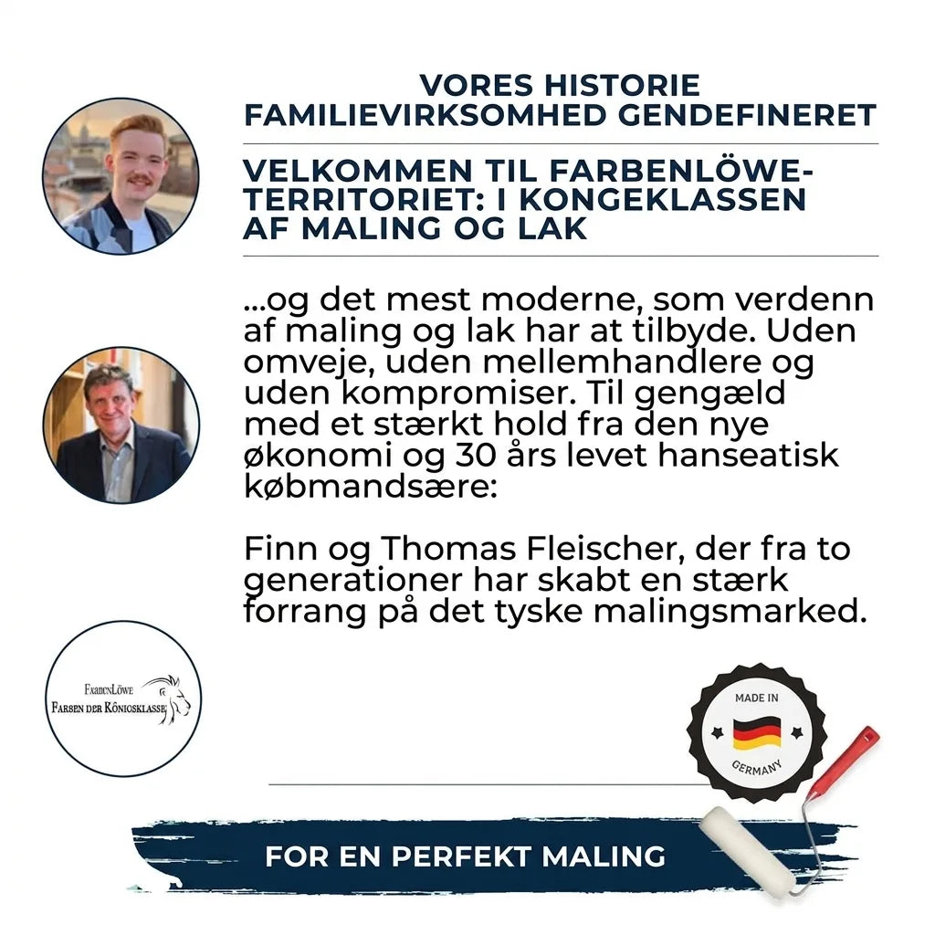 FarbenLöwe familieforretning, Finn og Thomas Fleischer, præsenterer deres historie og tyske kvalitetsmaling og lak.