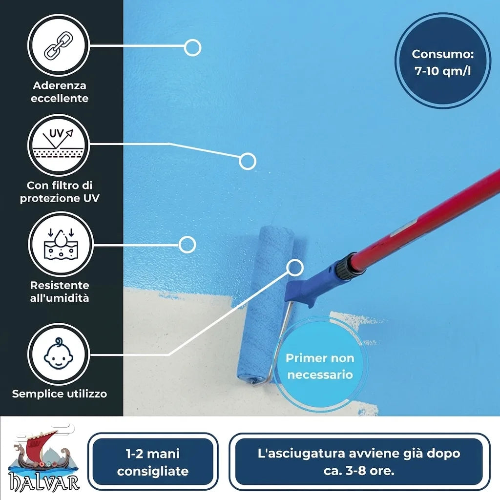 Vernice blu applicata con rullo su pavimento. Caratteristiche: alta adesione, protezione UV, resistente umidità, facile uso.