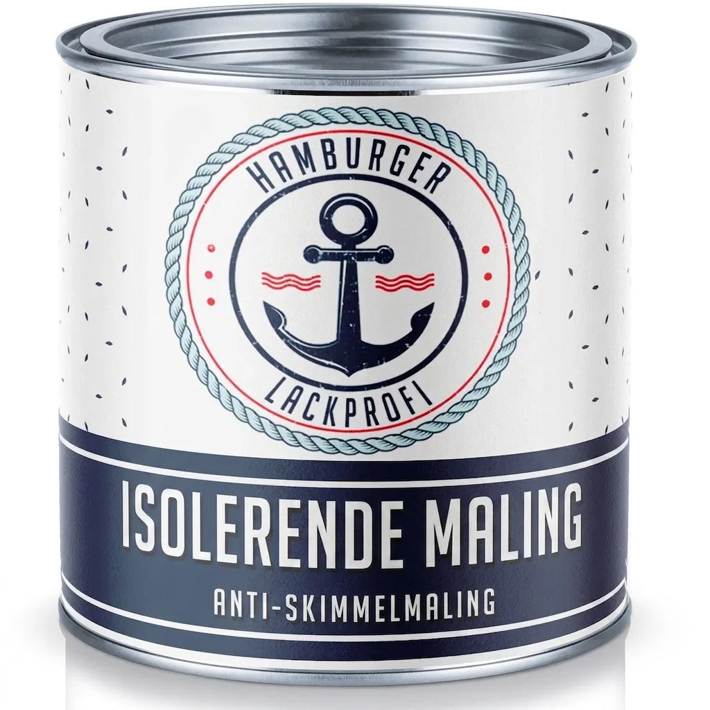Malingdåse med isoleringsmaling og anti-skimmelsvamp maling, hvid med maritimt anker-logo.