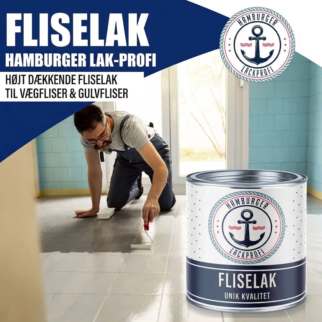 Mand maler gulvfliser med hvid flisemaling fra Hamburger Lack-Profi. Produktet er til væg- og gulvfliser.