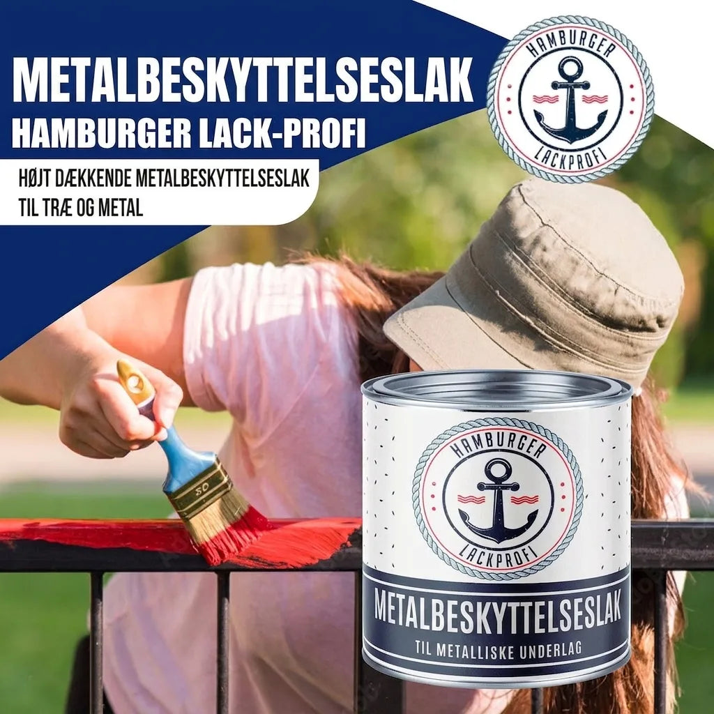 Person maler metalrækværk med rød metalbeskyttelseslak fra Hamburger Lack-Profi, velegnet til træ og metal.
