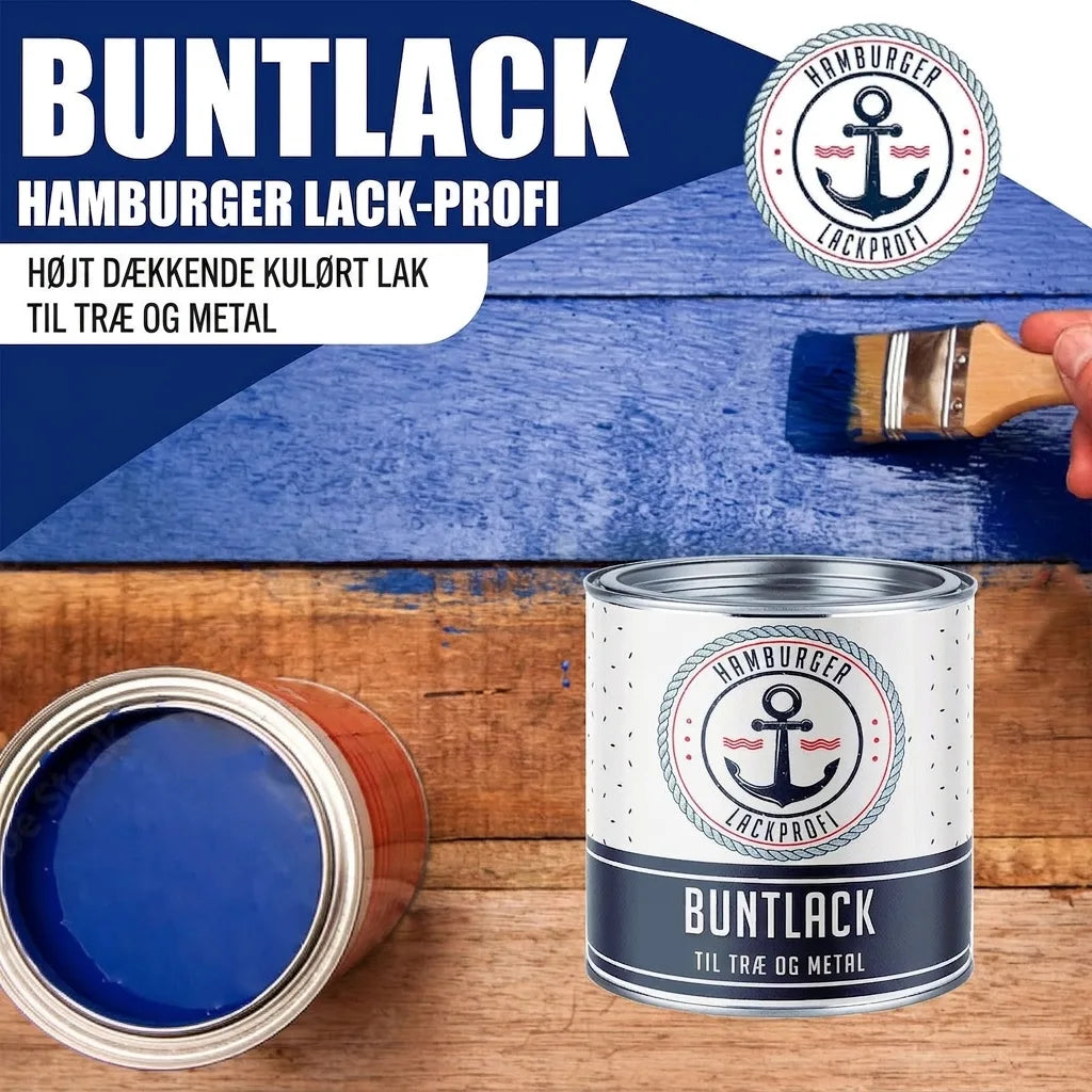 Højdækkende farvet lak fra Hamburger Lak-Proff til træ og metal. En person maler træ blåt med pensel.