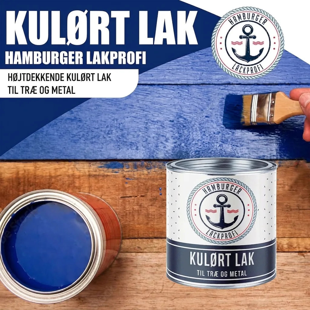 Hamburger Lack-Profi farvet maling til træ og metal. Blå maling på træplanker med pensel og malerbøtte.