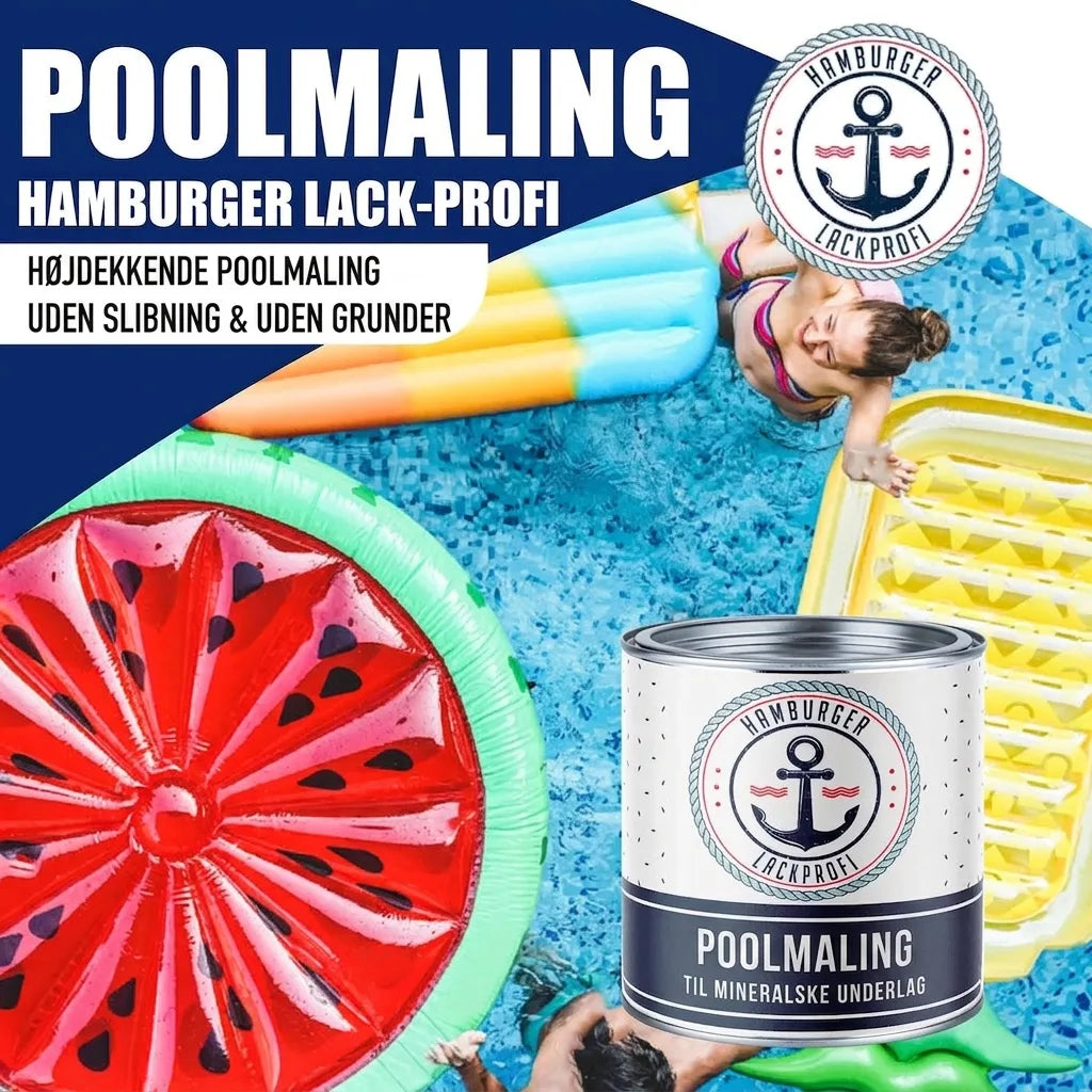 Højdækkende poolmaling fra Hamburger Lack-Profi. Ingen slibning eller grundmaling. Til mineralske underlag.
