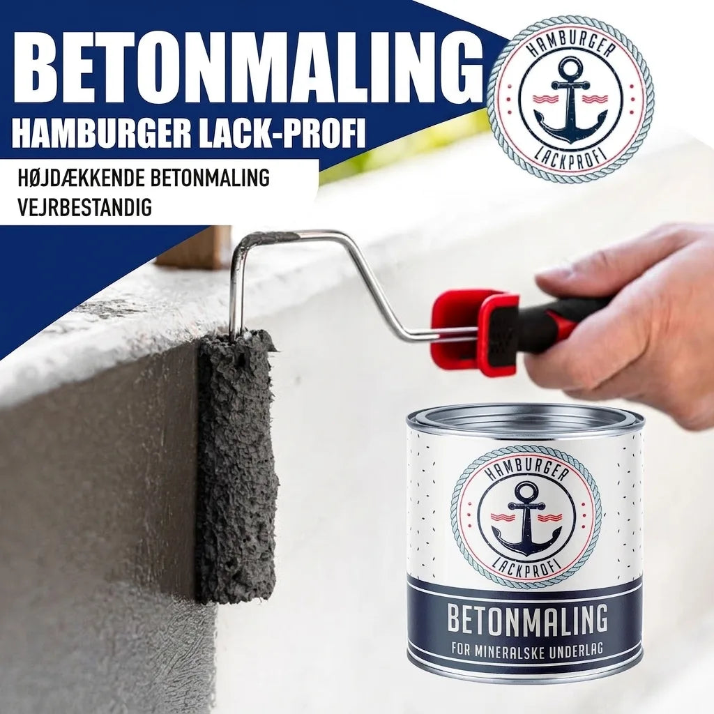 Hamburger Lack-Profi betonmaling påføres med rulle. Dækkende, vejrbestandig maling til mineralske underlag.