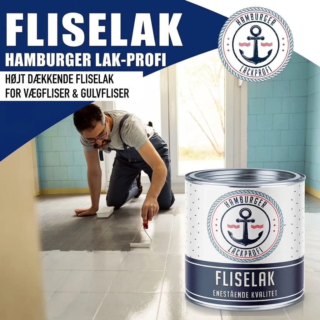 Mand maler gulvfliser med hvid fliselak fra Hamburger Lack-Profi. Højtdækkende flisemaling til væg- og gulvfliser.