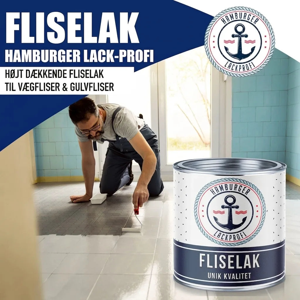 Mand maler gulvfliser med hvid flisemaling fra Hamburger Lack-Profi. Produktet er til væg- og gulvfliser.