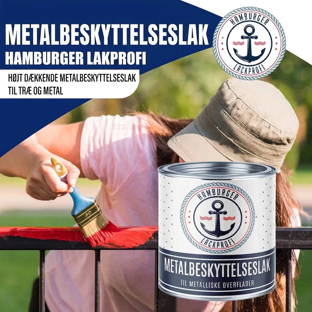 Person maler metalrækværk med rød metalbeskyttelseslak fra Hamburger Lack-Profi, velegnet til træ og metal.
