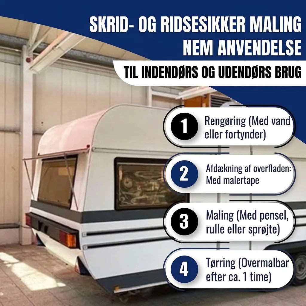 Ridsefast maling til campingvogn. Nem påføring inde/ude. Trin-for-trin guide: rengør, afdæk, mal, tør.