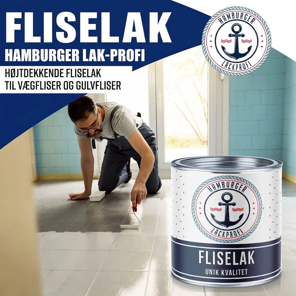 Mand maler gulvfliser hvide. En dåse Hamburger Lack-Profi fliseemaling til væg- og gulvfliser med høj dækkevne.