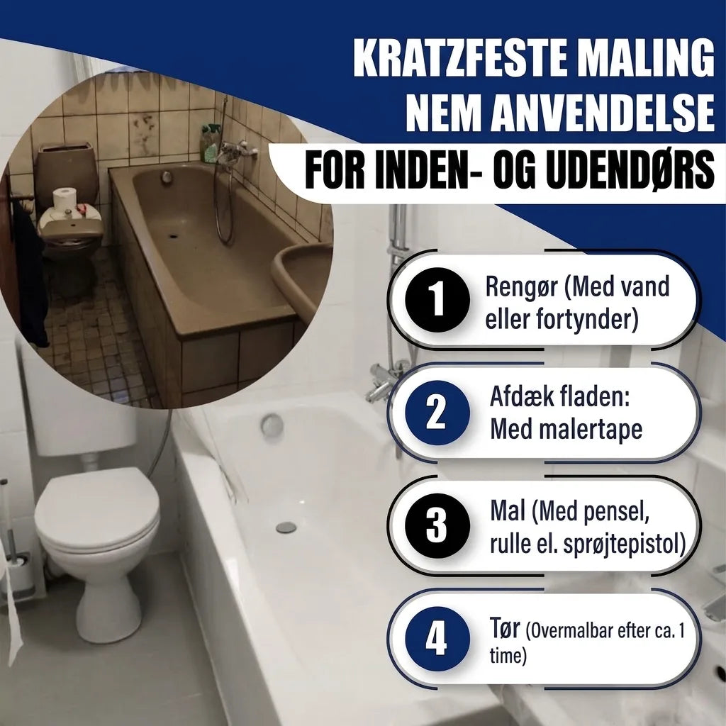 Badeværelse før/efter med ridsefast maling til badekar og nemme trin-for-trin instruktioner.