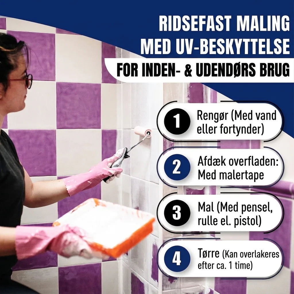 Person maler fliser hvide, reklamerer for ridsefast UV-maling til inde/ude med 4 trin: rengør, afdæk, mal, tør.