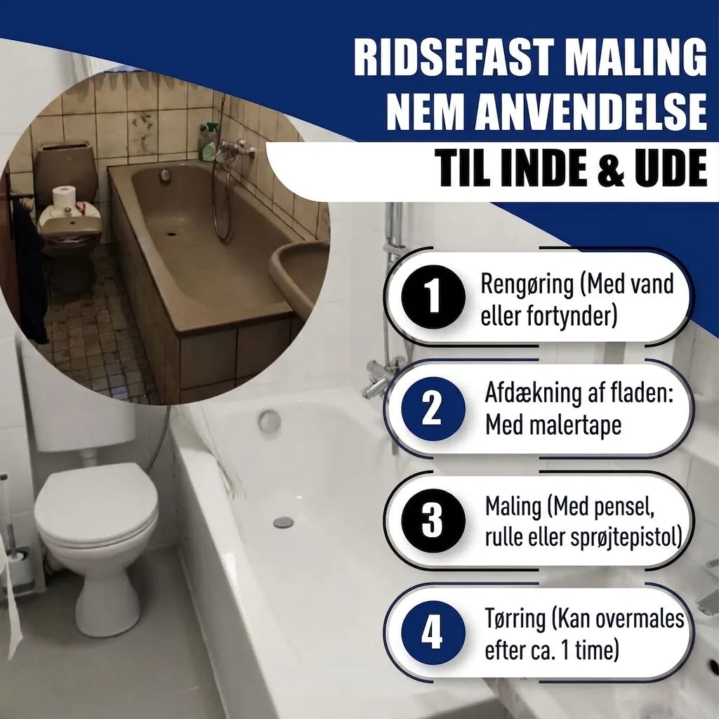 Badeværelse før/efter med ridsefast maling til badekar og nemme trin-for-trin instruktioner.