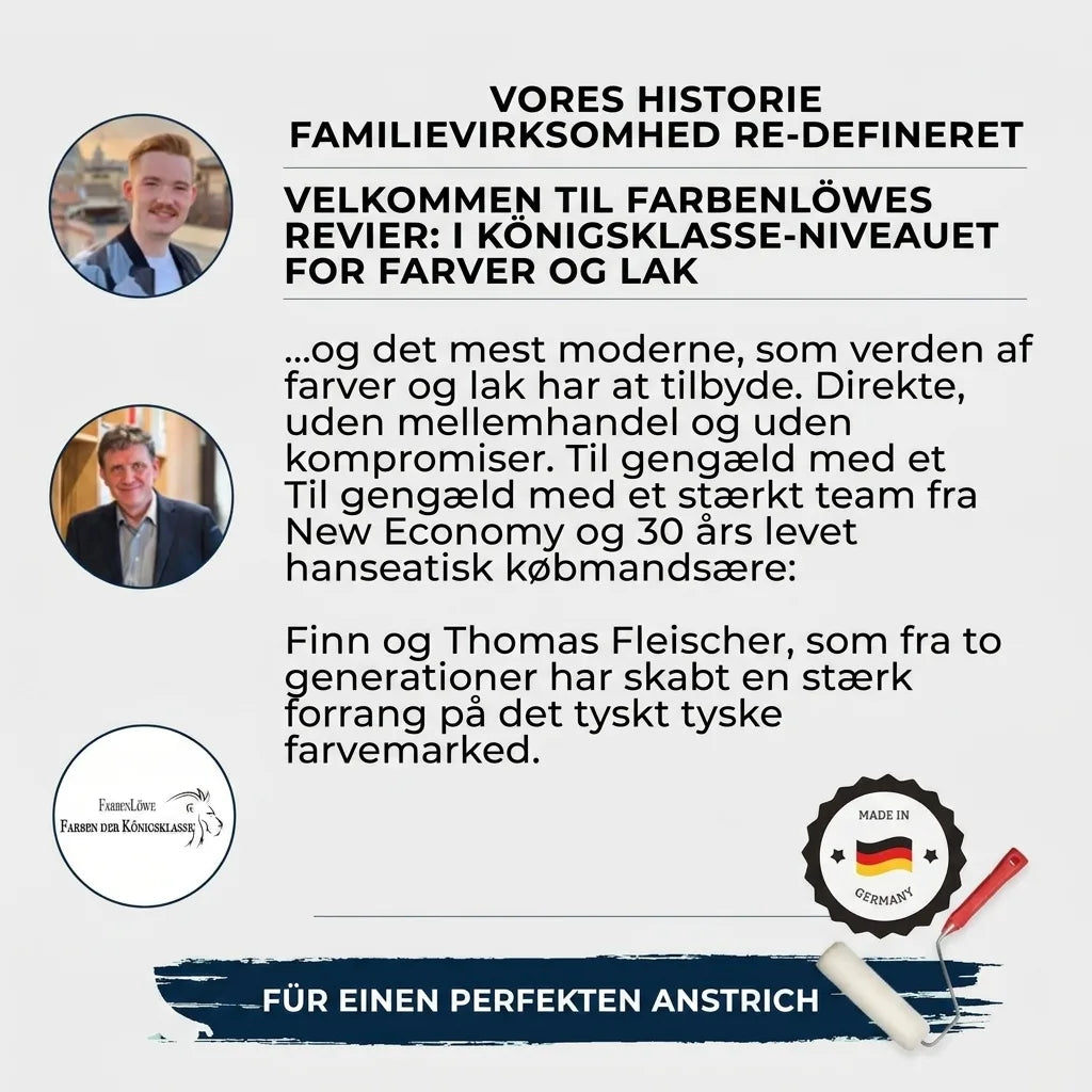 FarbenLöwe, familieejet maling & lak. Finn & Thomas Fleischer præsenterer kongeklasse produkter, Made in Germany.