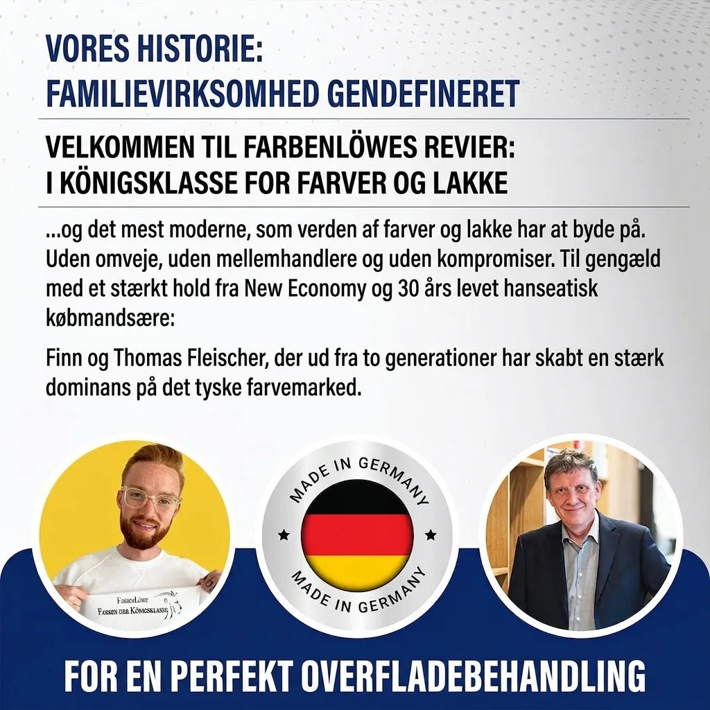 Tysk marketinggrafik om familieejet malingsvirksomhed Farbenlöwe, med to mænd, tysk flag og tekst om deres historie.