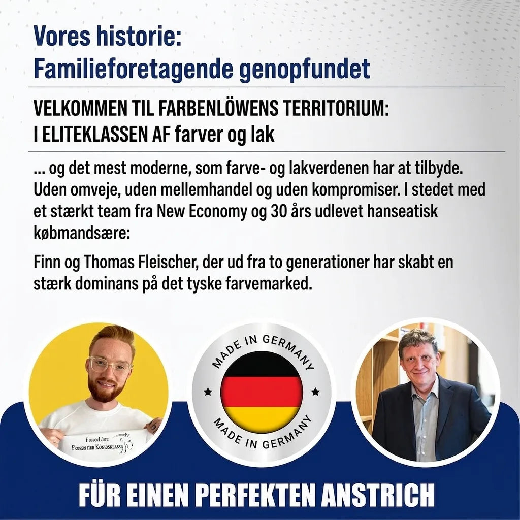 Portræt af stifterne Finn og Thomas Fleischer, der præsenterer Farbenlöwe, en tysk familievirksomhed for maling og lak.