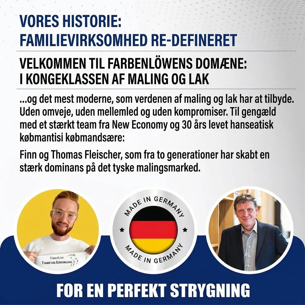 Tysk tekst om Farbenlöwe, et familiefirma der redefinerer malings- og lakbranchen, med Finn & Thomas Fleischer.