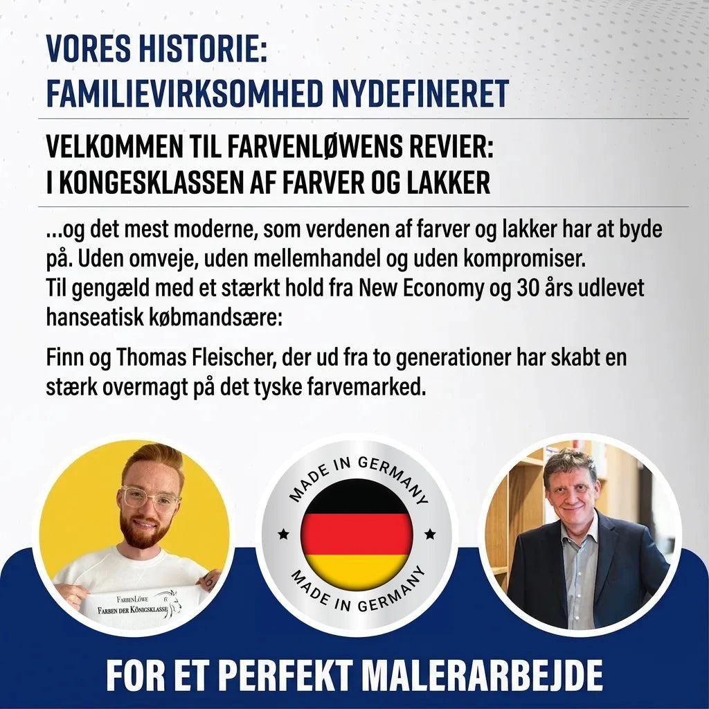 Farveløve: Tysk familiefirma af Finn og Thomas Fleischer. Redefinerer maling med kvalitet og 'Made in Germany'.