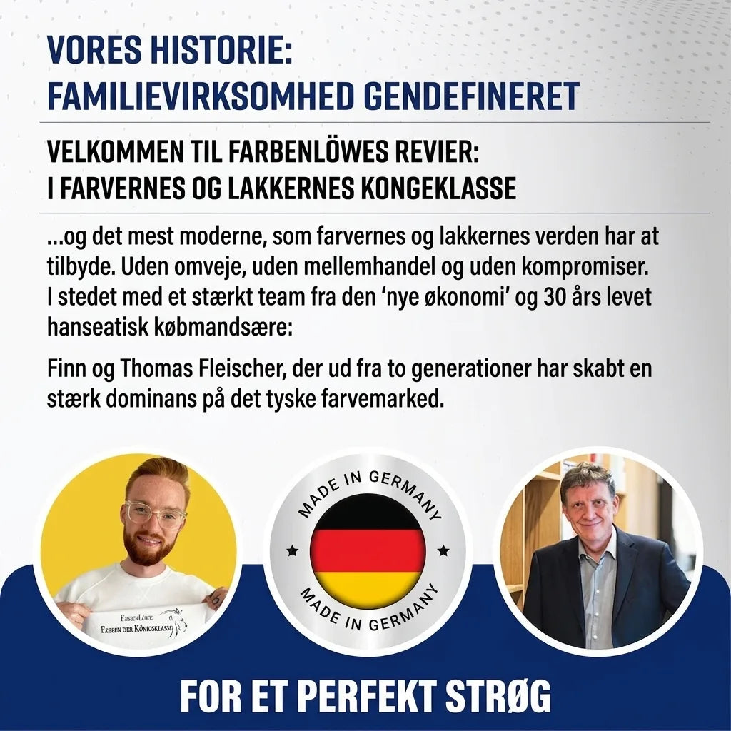 Tysk tekst om malingsfirma, Finn og Thomas Fleischer, 'Made in Germany'-mærke. Redefinerer familievirksomhed for perfekt maling.