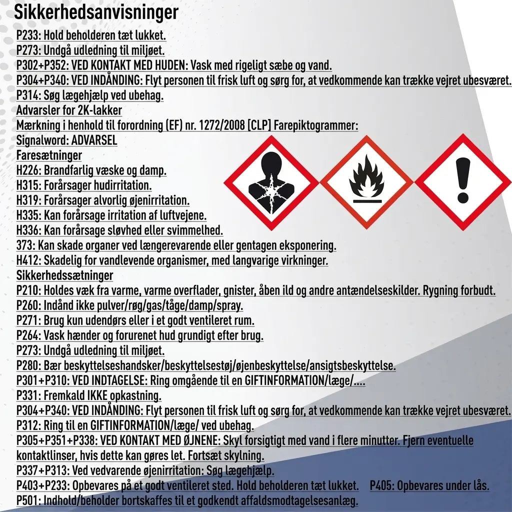 Tysk sikkerhedsdatablad med advarsler, piktogrammer og førstehjælpsinstruktioner for kemikalier.