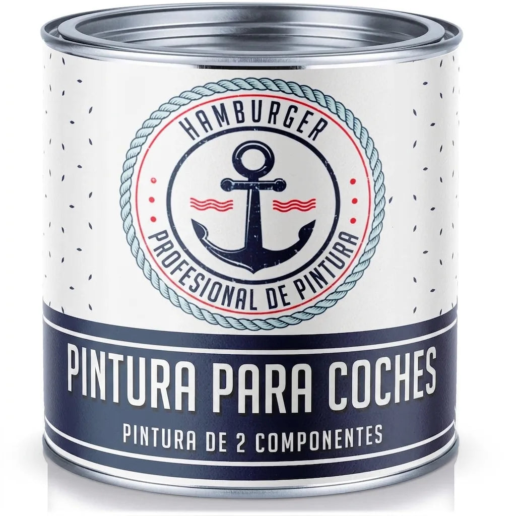 Bote de pintura 'Hamburger Lackprofi' con ancla, texto 'Autolack 2-Komponenten Lack' en alemán.