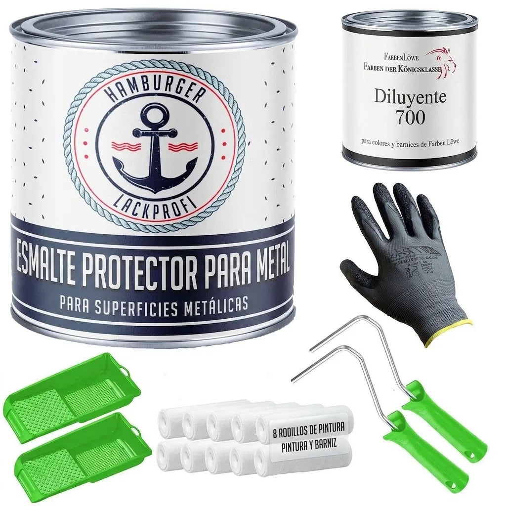 Pintura protectora de metal, diluyente, guantes, rodillos y bandejas. Set completo para pintar superficies metálicas.