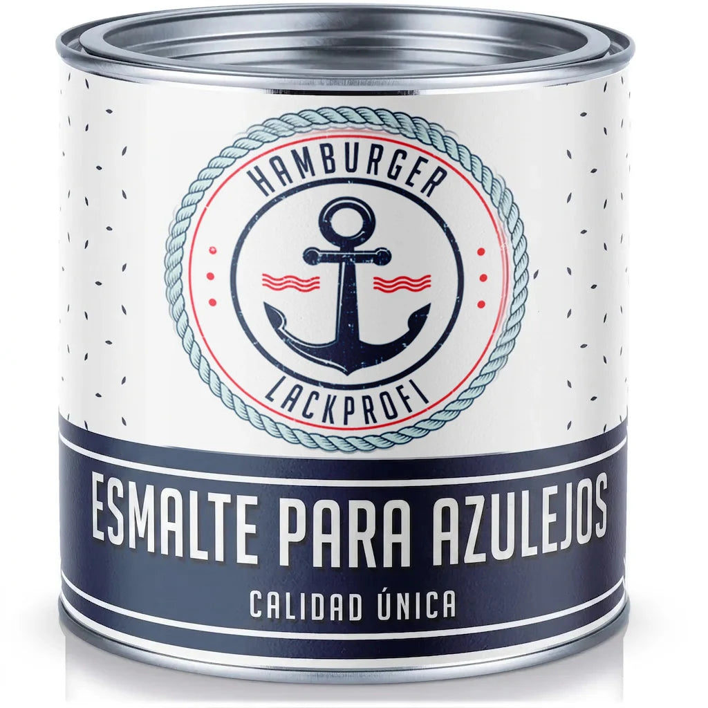 Bote de laca para azulejos con etiqueta náutica de ancla y texto 'Calidad Única'.