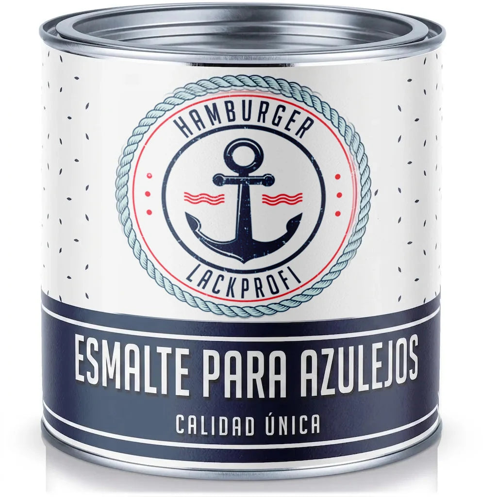 Bote de pintura para azulejos marca Hamburger Lackprofi. Etiqueta náutica con ancla y 'Calidad Única'.