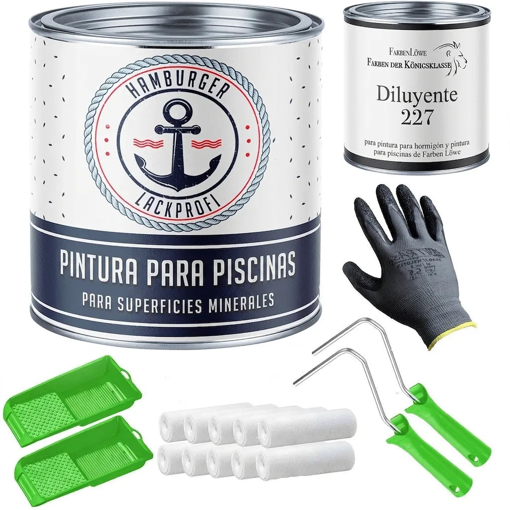 Pintura para piscina, diluyente 227, guantes, bandejas y rodillos. Kit completo de Hamburger Lackprofi.