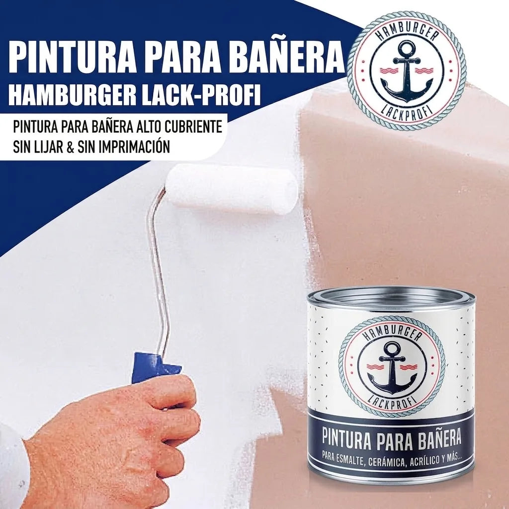 Pintura para bañeras 'Hamburger Lack-Profi' de alta cobertura sin lijar ni imprimar, con persona pintando una superficie y el bote de pintur