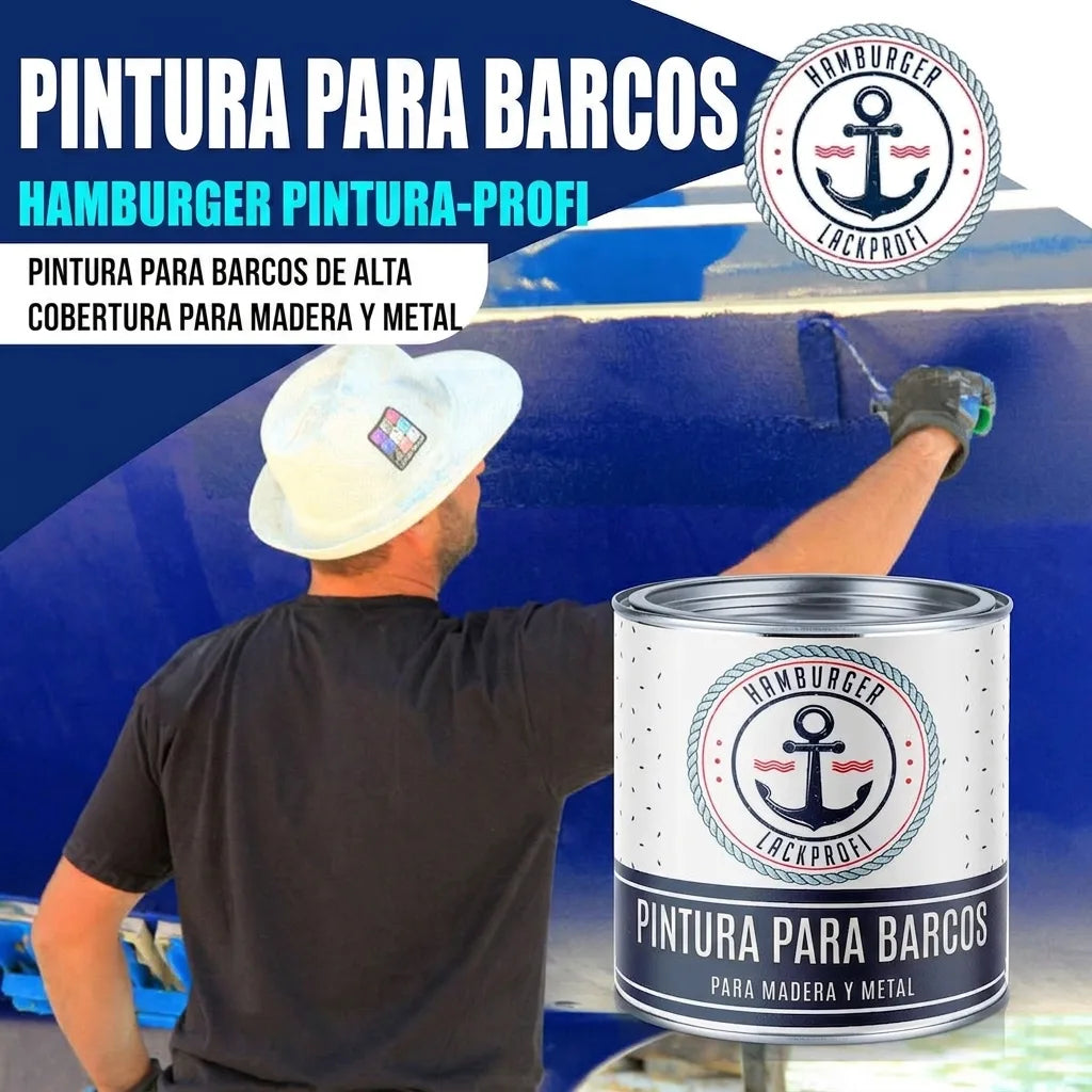 Hombre pintando barco con barniz azul. Producto Hamburger Lack-Profi Bootslack para madera y metal.