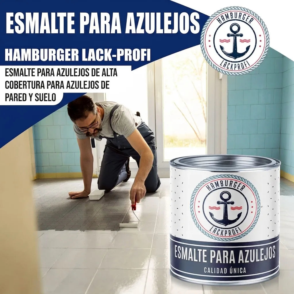 Laca de alta cobertura para azulejos de pared y suelo. Hombre pintando baldosas con producto 'Hamburger Lack-Profi'.