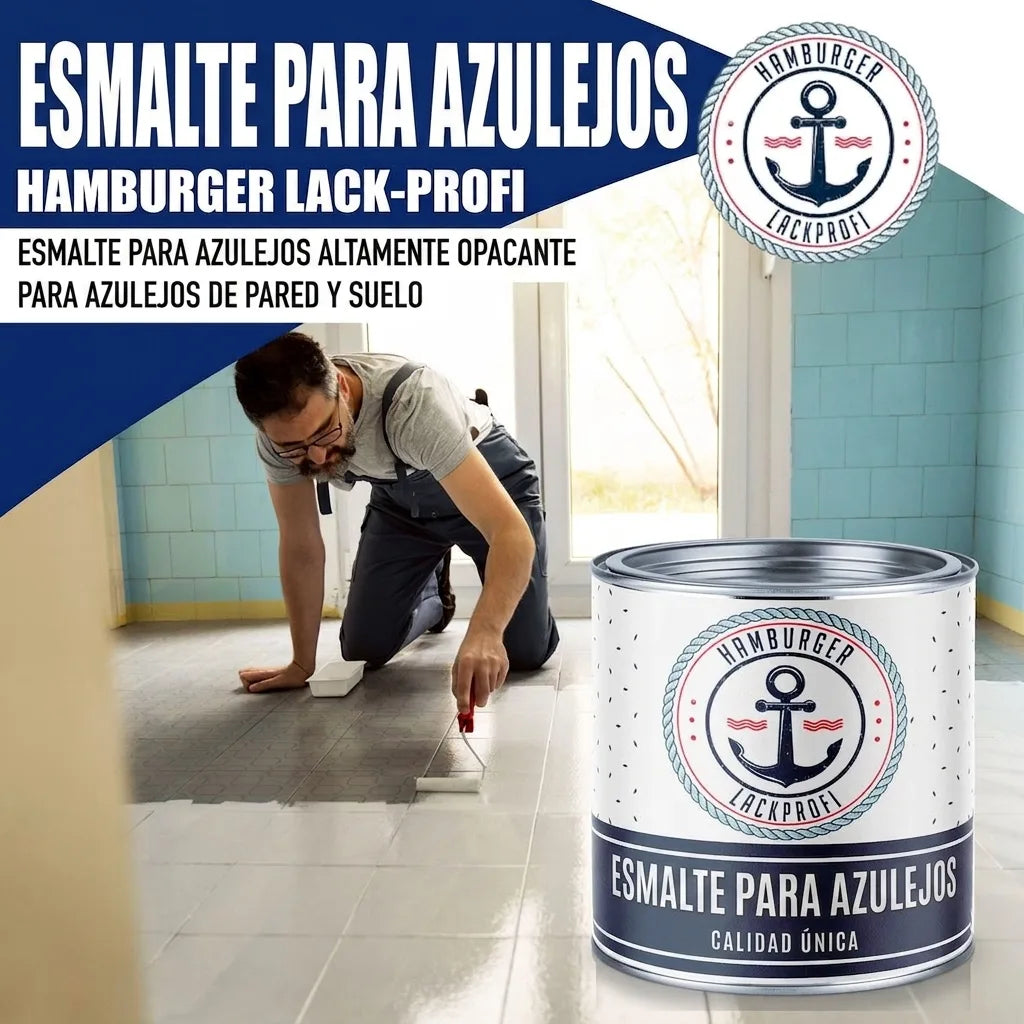 Hombre pintando azulejos con laca blanca. Bote de Esmalte para azulejos Hamburger Lack-Profi, alta cobertura.