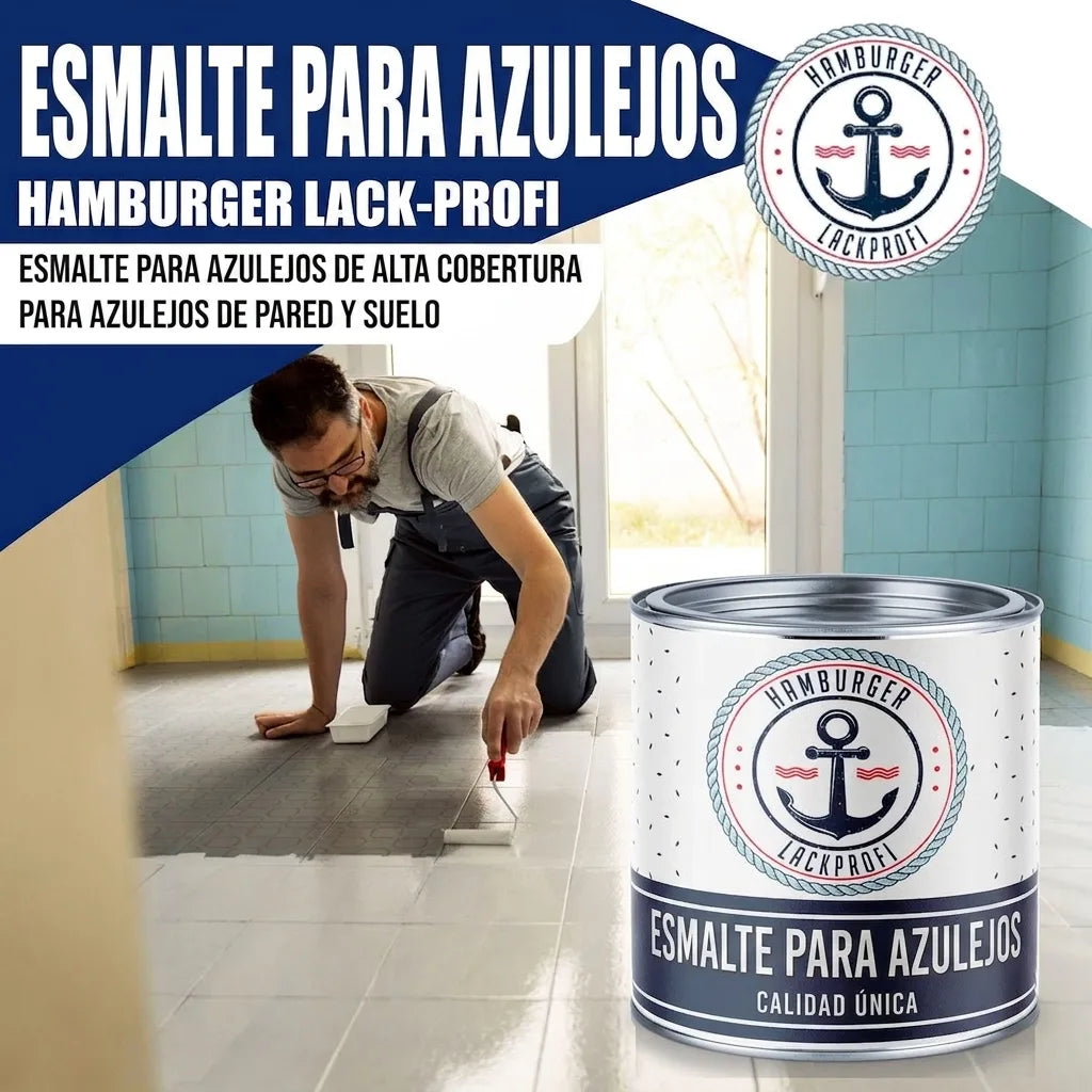 Hombre pintando baldosas con Fliesenlack blanco. Lata de pintura para azulejos Hamburger Lack-Profi, para paredes y suelos.