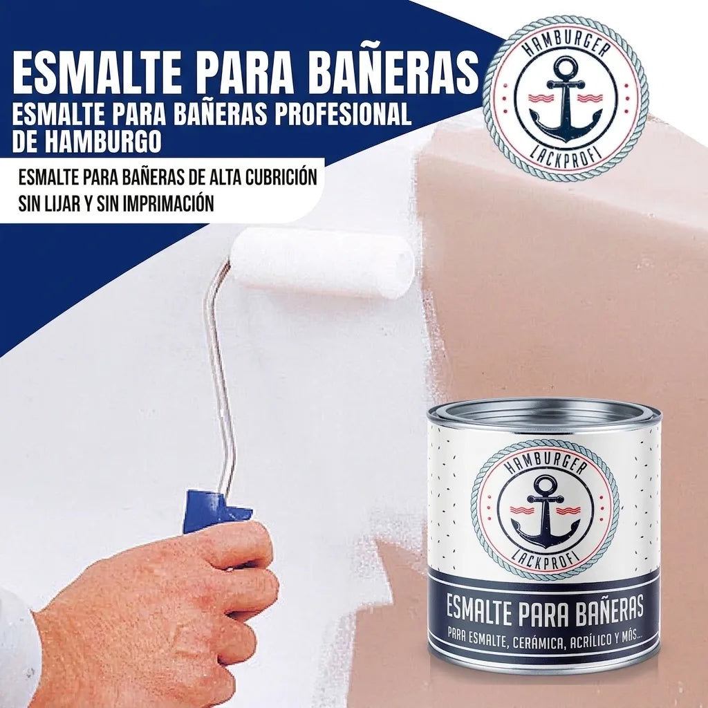 Pintura para bañeras 'Hamburger Lack-Profi' de alta cobertura sin lijar ni imprimar, con persona pintando una superficie y el bote de pintur