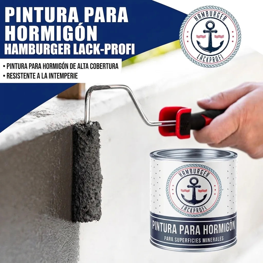 Pintura para hormigón Hamburger Lack-Profi aplicándose en superficie, lata de producto. Alta cobertura, resistente.