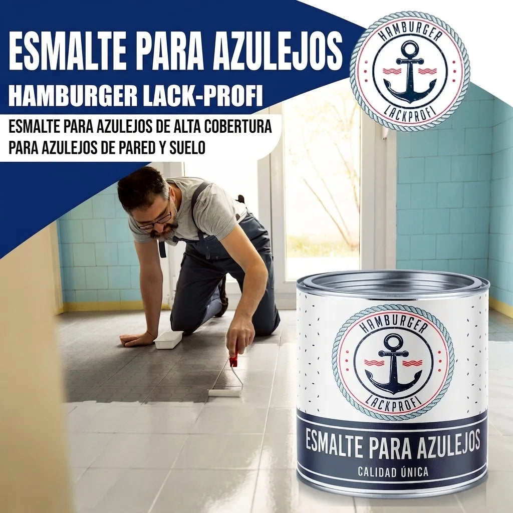 Laca de alta cobertura para azulejos de pared y suelo. Hombre pintando baldosas con producto 'Hamburger Lack-Profi'.