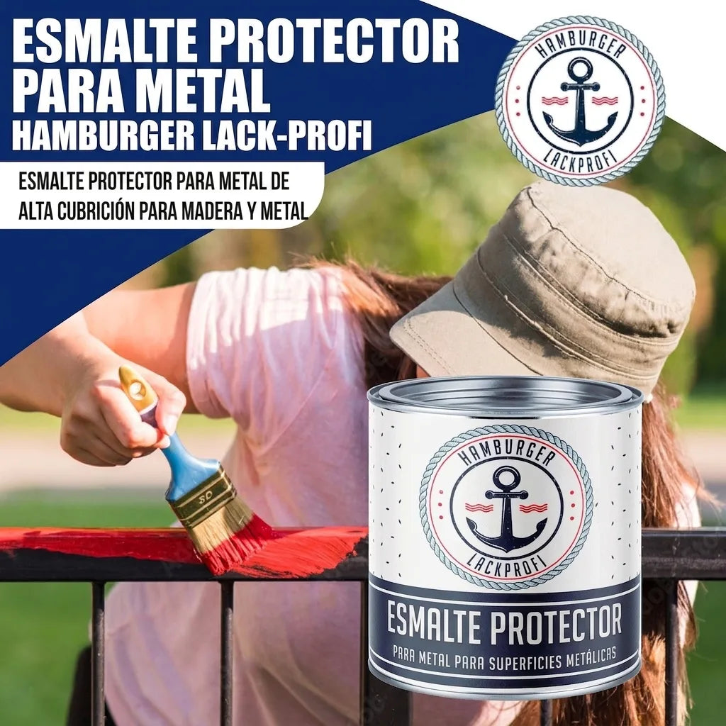 Persona pintando valla metálica con pintura protectora roja Hamburger Lack-Profi para madera y metal.