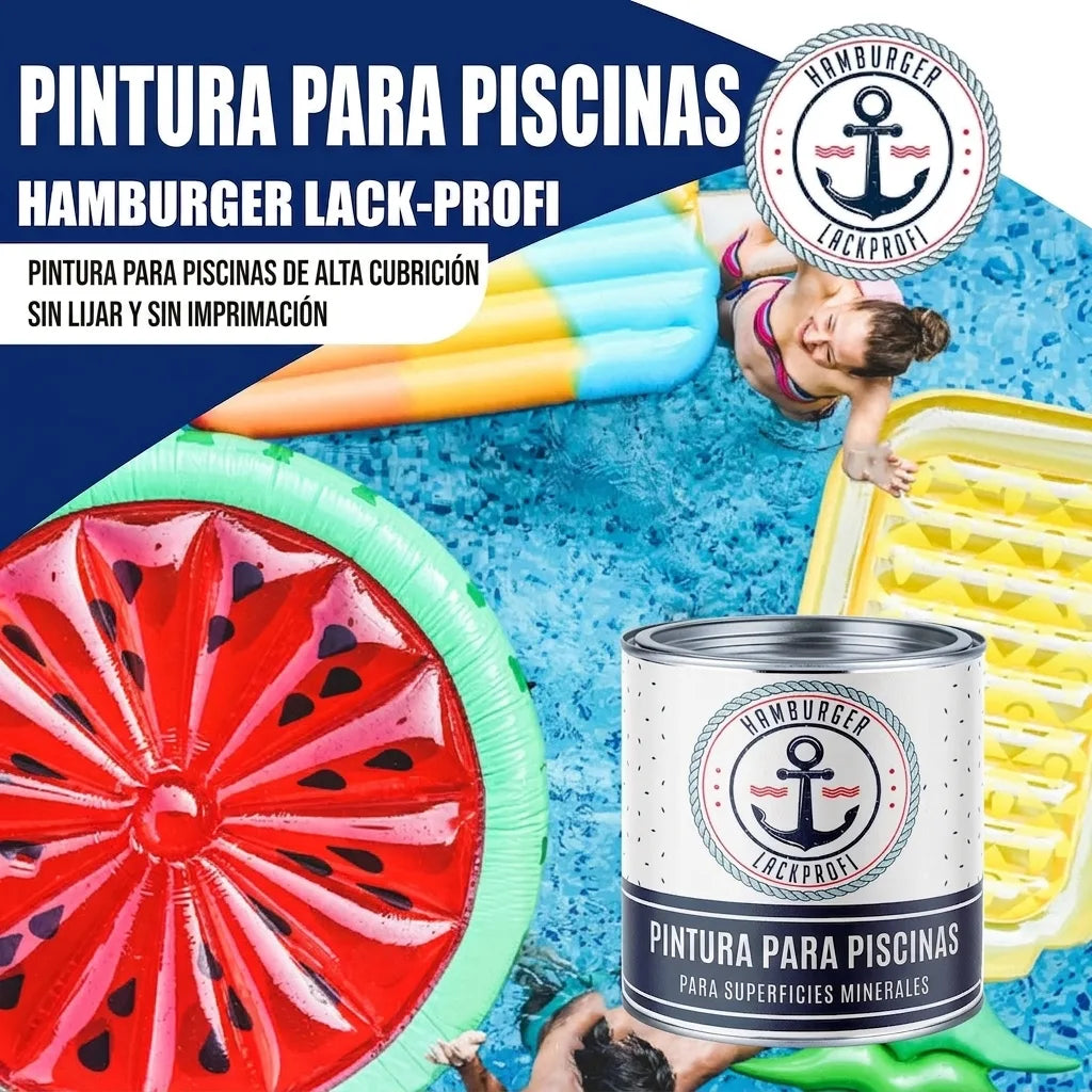 Lata de pintura para piscinas Hamburger Lack-Profi en un entorno de piscina con gente y flotadores.