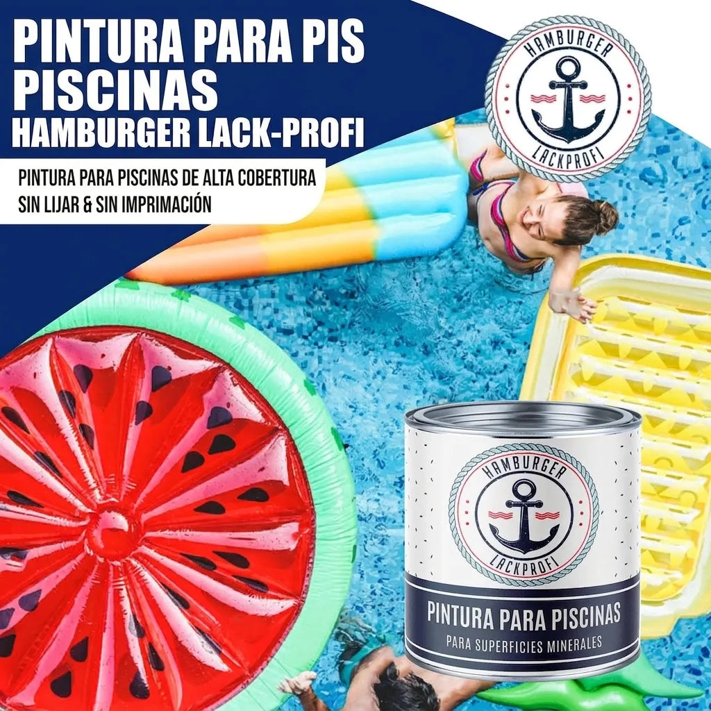 Lata de pintura para piscinas Hamburger Lack-Profi en un entorno de piscina con gente y flotadores.