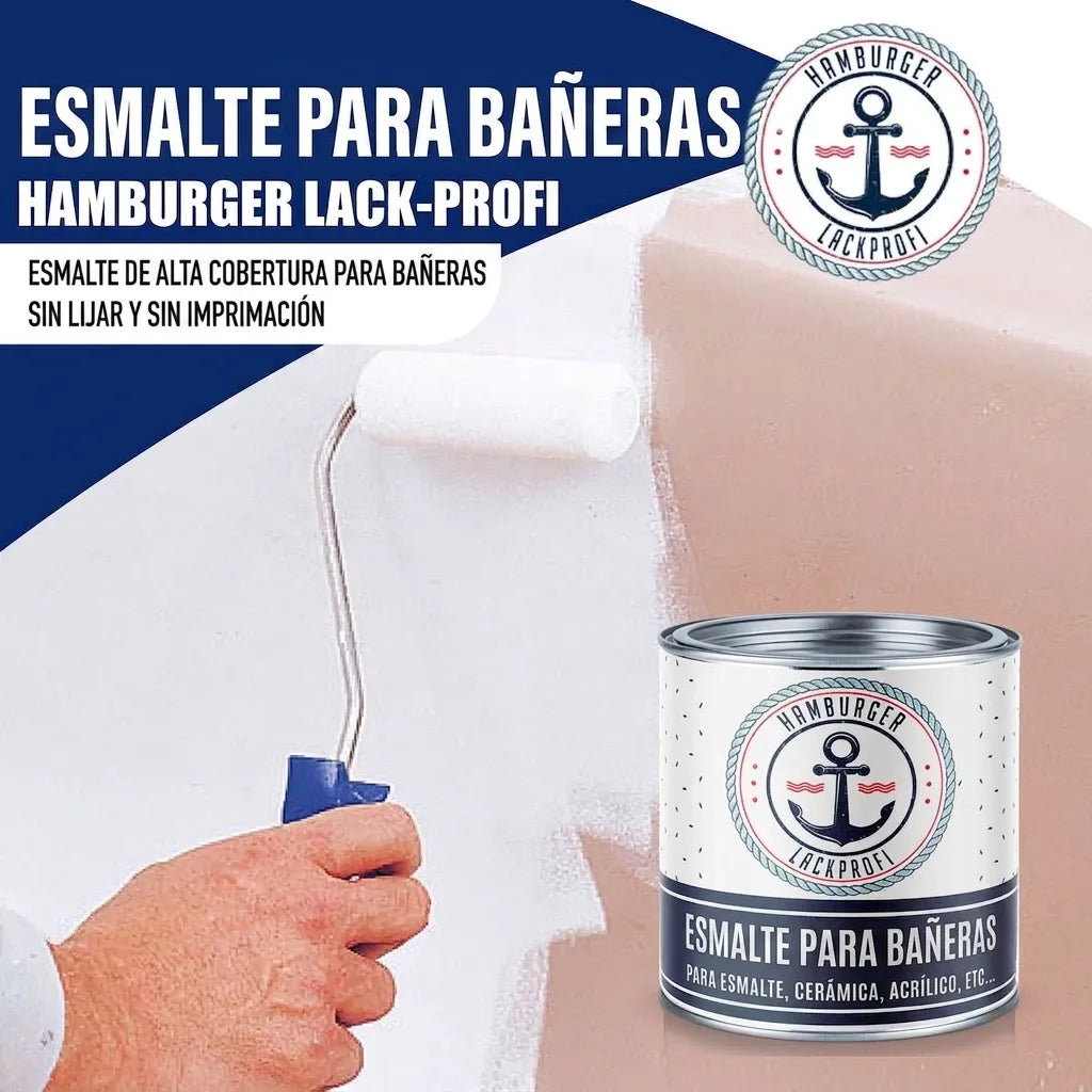 Pintura para bañeras Hamburger Lack-Profi. Esmalte blanco de alto cubrimiento, sin lijar ni imprimación. Para cerámica, acrílico.